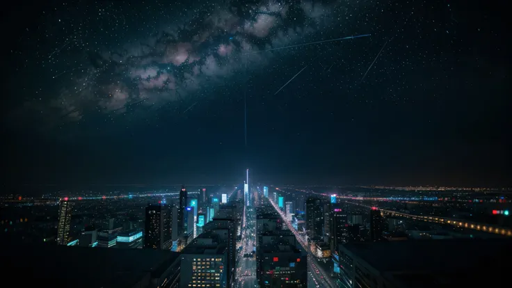 4k image of night sky with a bunch of shooting stars falling into a cyberpunk city full of beautiful neon signs.