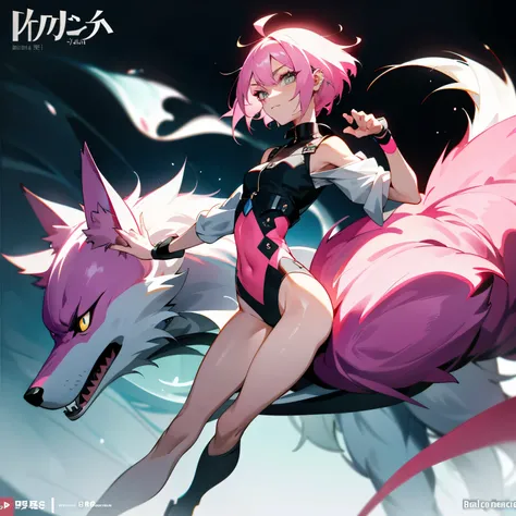 A young 2D anime girl with a sharp jawline and piercing sharp eyes stands proudly with a playful wolf by her side. Her pink short hair frame her pretty face, adding a touch of cuteness to her strong features. In the full-body cover size photo, she wears a ...