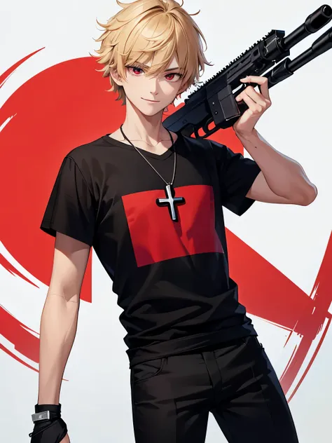 1boy,handsome,18 years old,holding sniper,smile, Holding a gun,aim to viewer,aim to viewer,,Perfect face, HD face, ultra detailed face, short hair, blonde hair, messy hair, bright red eyes red eyes,vampire, black t-shirt,black t-shirt,plain t-shirt,short s...