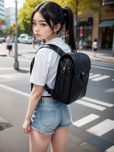 Masterpiece, hd, 1girl, 20 y.o, black hair, ponytail, wear white shirt, denim minipants, wear sneakers, carrying randoseru backpack, standing, upper body, city