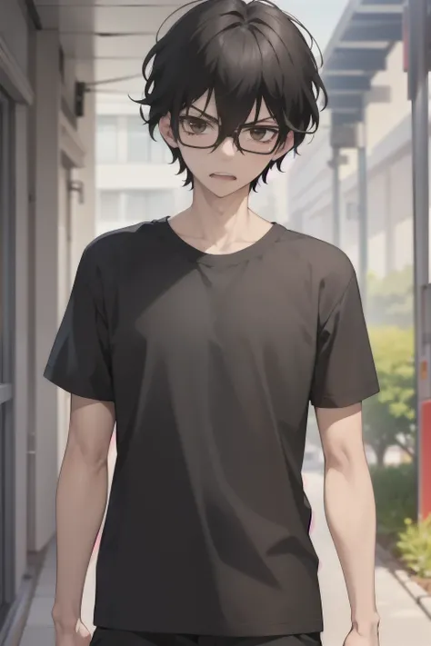 masterpiece, best quality, wallpaper,angry expression,visible teeth,1boy, solo, depth of field, momo_sakaki, black hair, brown eyes, hair between eyes, black shirt, Short sleeves shirt,black shorts, glasses, 16k resolution