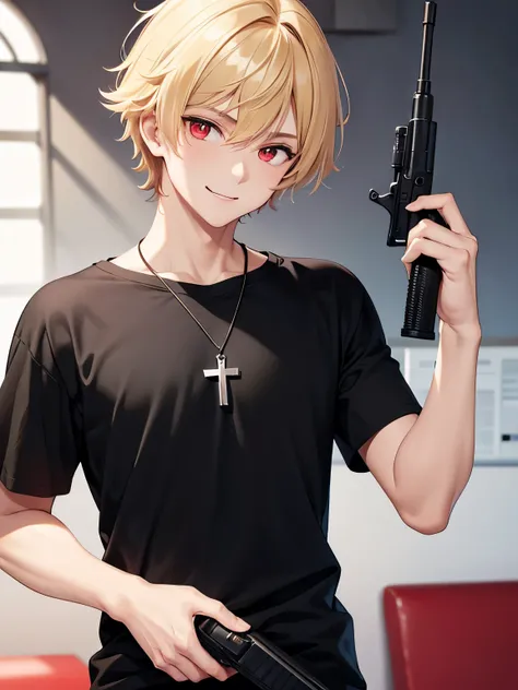 1boy,handsome,18 years old,holding sniper,plain t-shirt,smile, Holding a gun,aim to viewer,aim to viewer,,Perfect face, HD face, ultra detailed face, short hair, blonde hair, messy hair, bright red eyes red eyes,vampire, black t-shirt,black t-shirt,plain t...