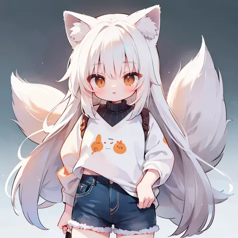 Silver hair, brown eyes, long hair, white fox ears., 3 white fox tails 3 orange fox tails  cute face ,black oversize Sweater, jean shorts 