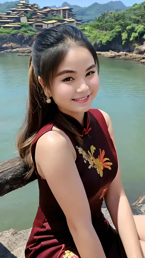 1 girl, alone, looking at the viewer, dark blonde long hair, hair is tied up, ((Chinese cheongsam dress, sexy cheongsam)), sleeveless, brown eyes, Coastal rocky background, small breast , smile, sitting, realistic, masterpiece, 最high quality, high quality,...