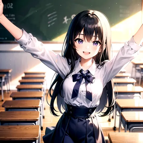 Blue-toned long-haired high school girl、Purple eyes、student、uniform、classroom、smile、Jump with open arms、Face close-up