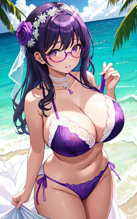 A 6-year-old girl with big breasts, plump body, round, dressed in a purple wedding dress, lace bikini, on the beach, wearing glasses, wearing a thin tulle