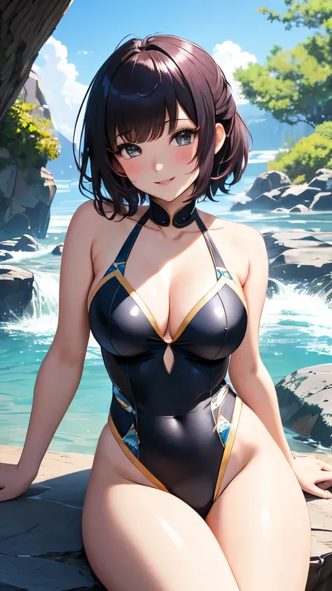 best quality, 1girl, masterpiece ultra detailed, illustration, yang guifei, glossy lips, blush, light smile, short hair, sitting, on a rock, swimsuit, collarbone, knee bent