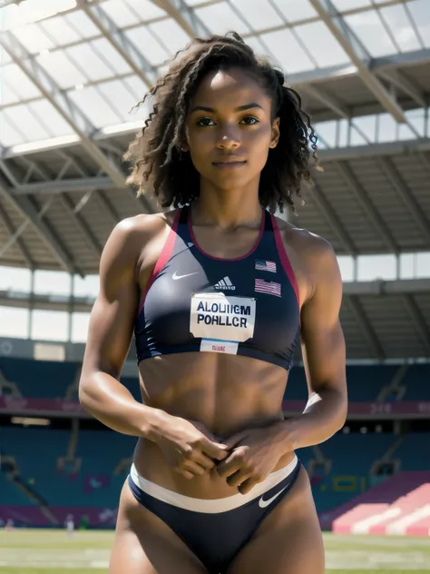 raw photo, olympic champion in athletics posing in the stadium, volumetric light, sunlight passing through her hair