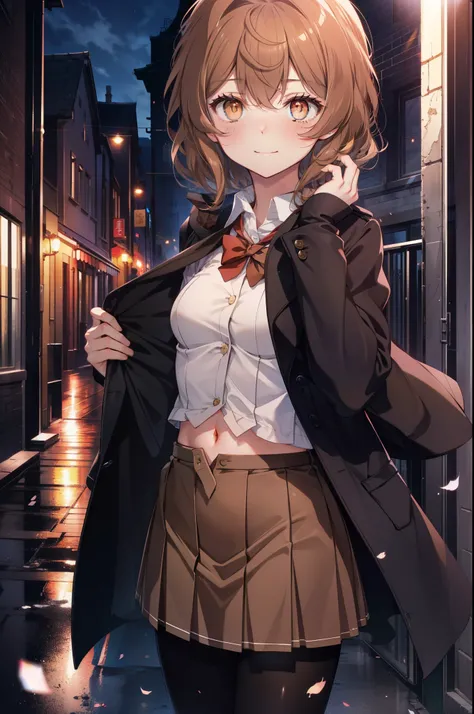 Liliru Card, Liliruca gets burned,  (Brown eyes:1.7),height: 140cm, Brown Hair, (Small breasts:1.2),blush,smile, short hair,, uniform,  Y-shirt, White shirt, Collared shirt, skirt, pleated skirt,Black Pantyhose,Brown Loafers,On the way home from school,eve...