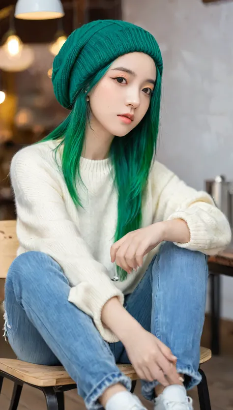 1 Girl, Solitary, cafes, Green Hair, Beanie, sweater, jeans, sit on the chair, Dynamic poses, indoors, 