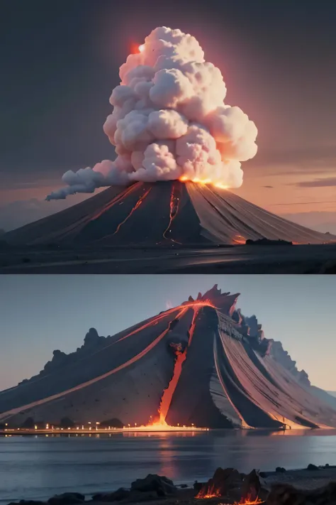 The following scenes will be turned into photos （afternoon、 Etna mountain erupting with lava and red and blue smoke）