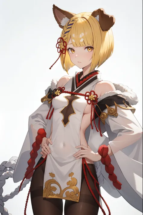 masterpiece, best quality, 8k, 1girl, solo, vajradef, dog tail, dog ears, blonde, bob cut, yellow eyes, black pantyhose, hair ornament, japanese clothes, bare shoulders, detached sleeves, wide sleeves, white pelvic curtain, shimenawa, rope, small breasts, ...