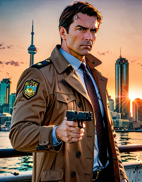 (((pixel-perfect, detail-perfect))), 1boy, male focus, solo focus, mature adult, canadian police officer, detective, dark brown suit and tie, trenchcoat, brown hair, dark hazel eyes, ((using Glock17 handgun)), in front of a patrol cruiser, toronto city bac...