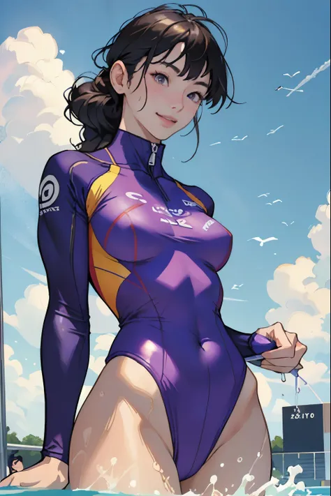 masterpiece、highest quality、High resolution、Two realistic girls、Competitive swimmer、Close-up of a person、Wearing a purple bodysuit、During Competitive swimmerics competitions、smile、Swimming Venues、Sexy competitive swimsuit 