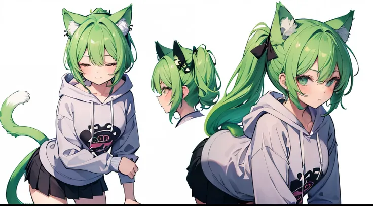 ((best quality)), ((masterpiece)), (detailed), perfect face reference sheet for a cute boy kawaii femboy with green short ponytail hair with middle part bangs completely closing his eyes, cat ears and tail, big butt, thick thighs and playful expression wea...