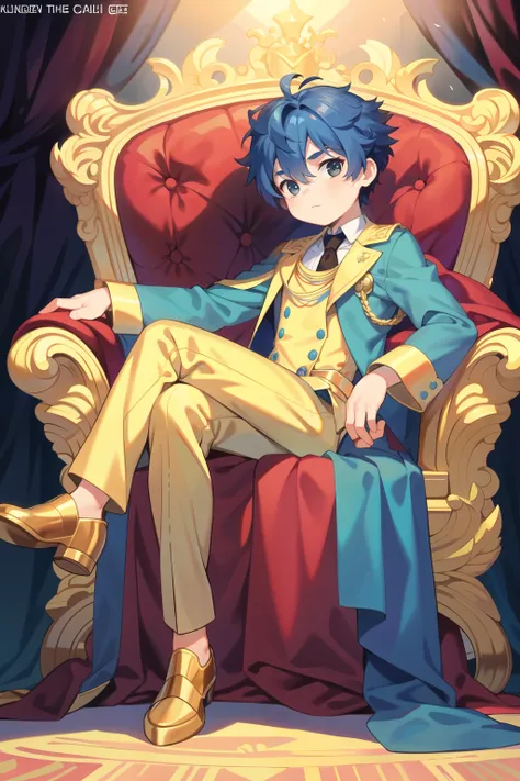 {{masterpiece}},best quality,illustration,1 male kid,prince,floating short hair,blue hair,cute,full body, detailed suite, golden suit, sit on luxury king chair, Straight viewer