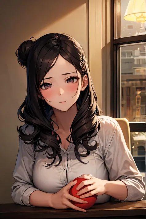 Brownish black hair, Iris, Fair skin, Face like goose eggs, atmosphereのある顔の特徴, expensive, Confidence and strength, Firm and plump, high school girl, , Curly Hair, Hair Bun, With hairpin, Red Rose, Blue Butterfly, White Rabbit, signboard, Formula quality, M...