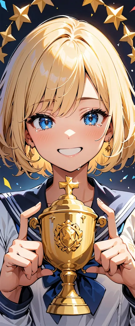 (highest quality:1.2, Very detailed, High Contrast, masterpiece:1.2, highest quality, Best aesthetics), Golden trophy and school girl, Sailor suit, ((Detailed fingers, Refers to 4, Thumb 1, Beautiful fingers, Delicate)), A delightful experience, Smiles and...