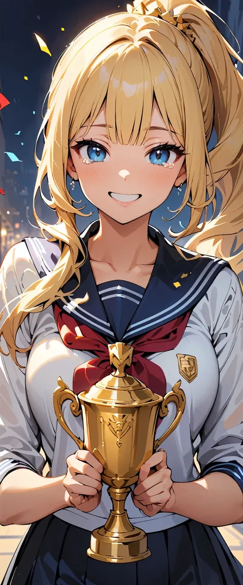 (highest quality:1.2, Very detailed, High Contrast, masterpiece:1.2, highest quality, Best aesthetics), Golden trophy and school girl, Sailor suit, ((Detailed fingers, Refers to 4, Thumb 1, Beautiful fingers, Delicate)), A delightful experience, Smiles and...