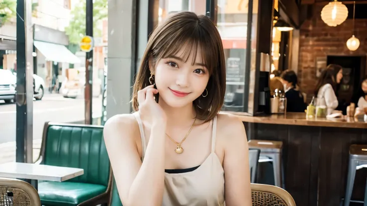 super high quality, Short Hair, Slender, Gravure photoshoot, The staff is working at the counter in the back., (8k、RAW Photos、highest quality、masterpiece:1.2), Japanese Idol, Shaggy, Sportswear, Stylish café, The cafe is crowded with people enjoying themse...