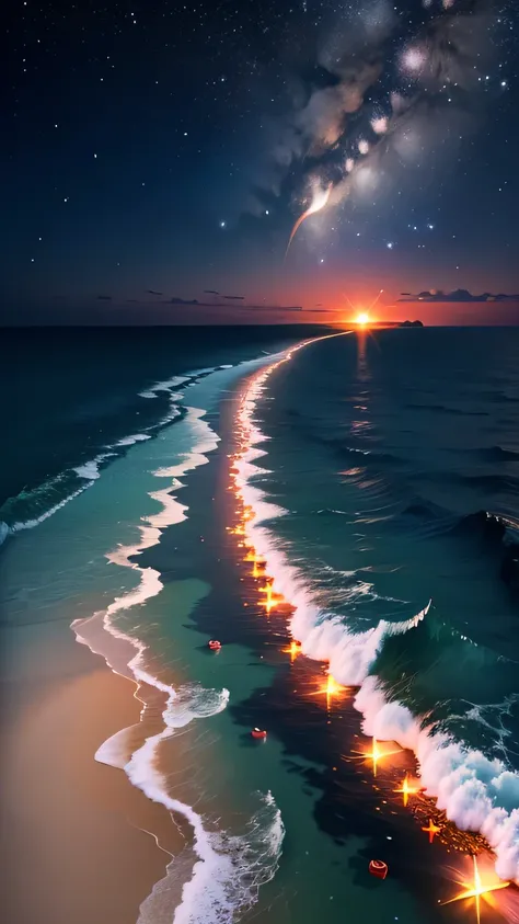 A crescent moon floating in the sea, And the white beach road is covered with beads of red rose light, star , starry sky, fire Fly, Water bubbles, Hayao Miyazaki style, Romantic Flowers, 8K HD, CG rendering