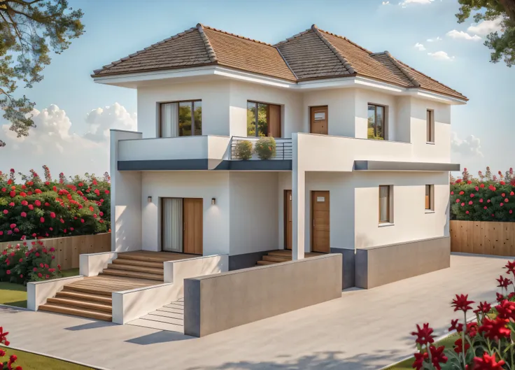 PLATEFORME KTHOUSE, 1 maison moderne avec toit en pente:1.1, beaucoup de belles fleurs rouges, Romantique, La maison de ville est faite de murs blancs, beautiful light, beauty day, sunny, belle sensation de jeunesse :1.2, sun at noon, Very beautiful shadow...
