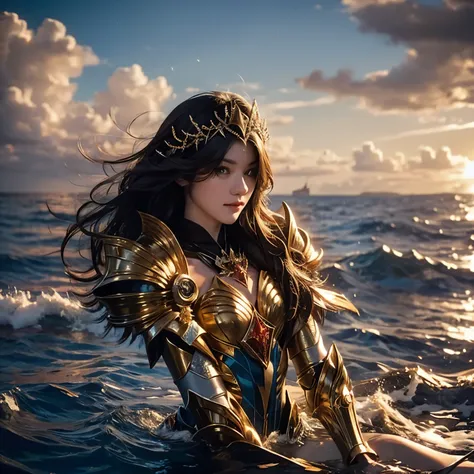 vonzy, vonnyfelicia, a young sea goddess in the ocean, sexy golden armor, controlling sea water,