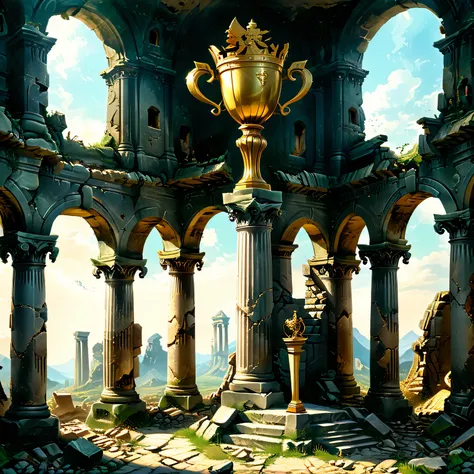 An old abandoned castle of an ancient long-gone highly developed civilization, in a hall with destroyed columns, a Golden Trophy hovers over a pedestal, very rare and unusual, secret objects of long-gone civilizations