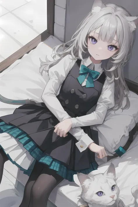 long hair, long sleeves, black dress, black vest, white collared shirt, teal bow, waist back bow, cat ears, cat tail, purple eyes, white hair, grey pantyhose, puffy sleeves, teal bowtie, plaid skirt, pleated skirt, black skirt, teal skirt, black loafers,