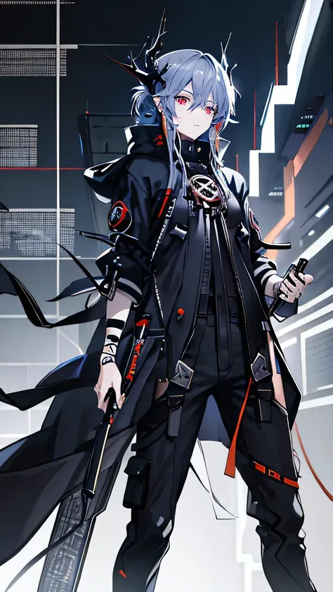 blue-gray hair，pupil，japanese devil corner，low ponytail，cyberpunk style black hooded coat，overalls，bandage underwear，thick sneak...