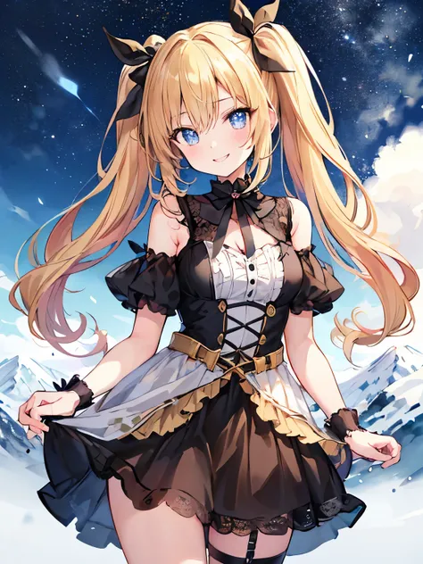 (masterpiece, best quality, detailed:1.3), (beautiful detailed eyes:1.2), perfect lighting, 
(1 beautiful cute girl:1.3), 
smile, blonde hair, twintails, black ribbons
BREAK (background of Mountain range:1.3), cowboy shot
 