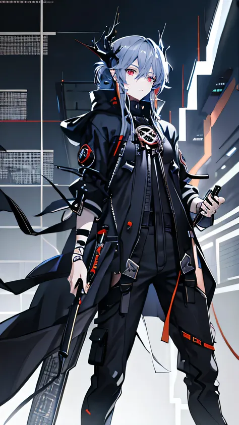 blue-gray hair，pupil，japanese devil corner，low ponytail，cyberpunk style black hooded coat，overalls，bandage underwear，thick sneak...