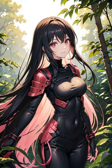 (1 anime girl) Long hair color: black, eyes: bright red, medium breasts, wearing light black armor with pink stripes, and tight pants. {looking at the viewer with a slight smile, in the forest}