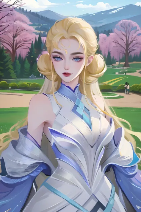 masterpiece, best quality, 1 Girl, fair, beautiful, Beautifully, extremely complex, detailed, Blonde hair, jacket, blue eyes, ((masterpiece)), extremely detailed, best quality, high resolution, ((in the park)), Bridget, Smile,
