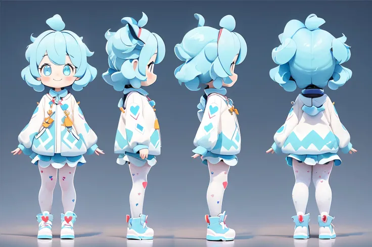 sanshitu, Three Views, whole body, Heart-shaped pattern on chest,Friendly Ambassador of the Mental Health Education and Counseling Center, Cute appearance,mascot,front view,Side View,Rear view,Light blue hair,Show a smile,The rear view should be complete