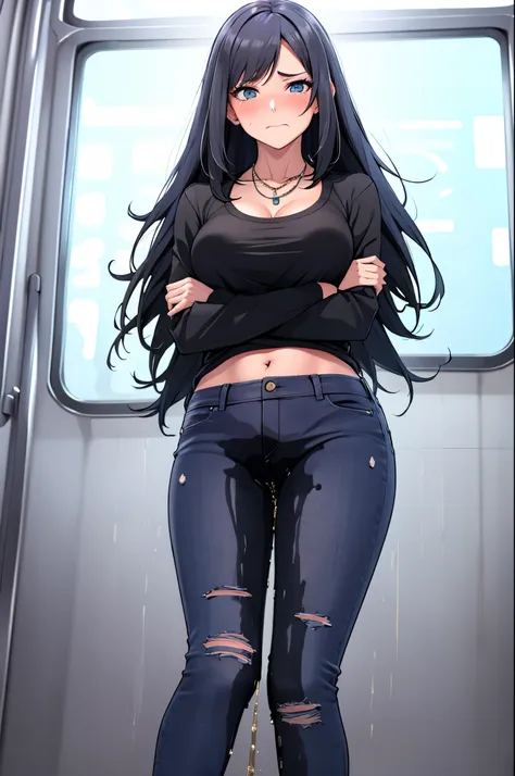 a woman with very long black hair and (very long bangs:1.5), wearing a stylish jacket and tight jeans, (low-rise jeans:1.25), (l...