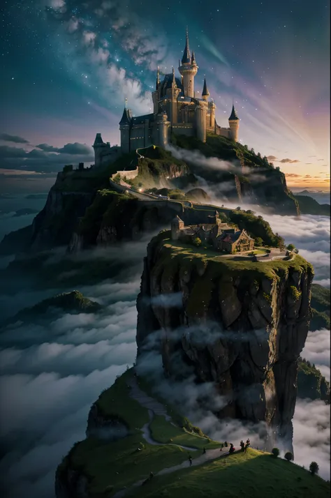 Fantasy Castle on a Cliff": A grand, fairy-tale castle perched on a cliff, surrounded by a mystical fog, with dragons flying in the background and a magical sky filled with stars and auroras.

