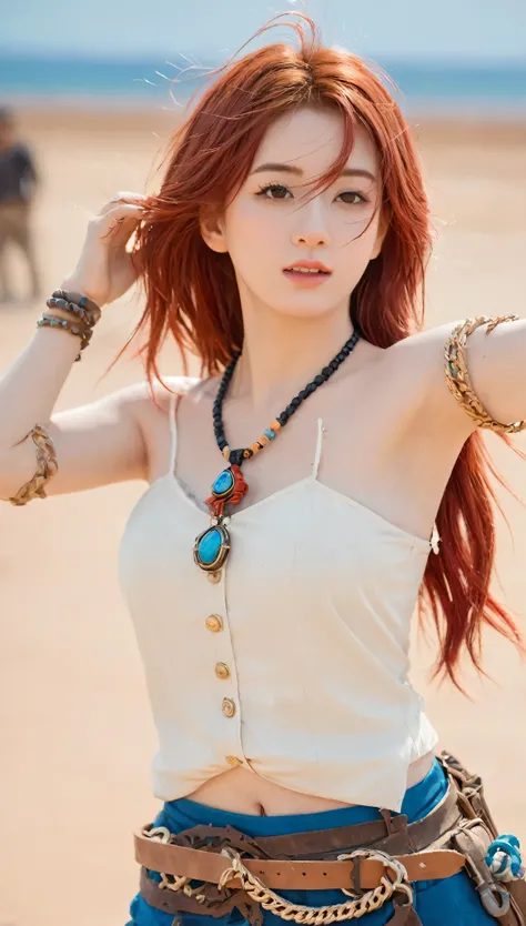 Mud building (Genshin Impact), Behind is the sea, 1 Girl, Background blur, Shut up, bare arm, Accessories, Bare Sleeves, Bare shoulders, Red hair, bracelet, necklace, Cowboy shooting, sideways