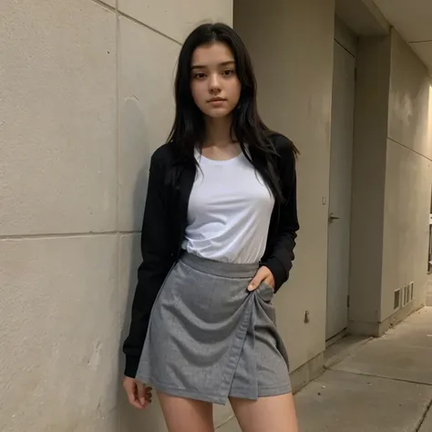 16 years old short skinny girl, tucked sport shirt, long skirt, long sleeves, black hair