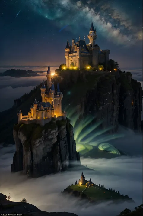 Fantasy Castle on a Cliff": A grand, fairy-tale castle perched on a cliff, surrounded by a mystical fog, with dragons flying in the background and a magical sky filled with stars and auroras.

