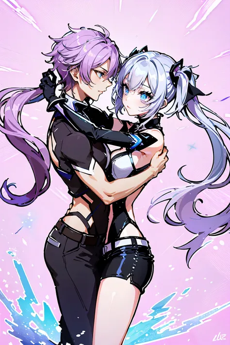 ((Couple with a girl:1.3)),Best Quality, Ultra High Resolution, Cute, (KPOP Idol), (Long Twintail), (Light Purple Hair:1), ((Big Eyes)), Looking at you,
BREAK ((cowboy shot:1.3)), Front View,A character with long, flowing silver hair and a slender build, w...