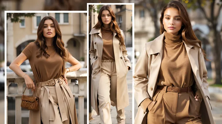 blurred image of a woman in a beige coat and a woman in a brown blouse and beige pants, cores bege, Roupas marrons, Tons neutros, marrom mudos, monochrome, cores neutras, tons suaves naturais, marrom mudo, tons terrosos sutis, cores neutras, tons marrons, ...