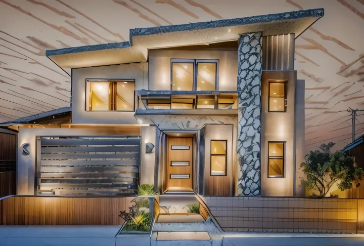 Modern style house, Japanese roof, yellow light at night, beautiful photo as in reality