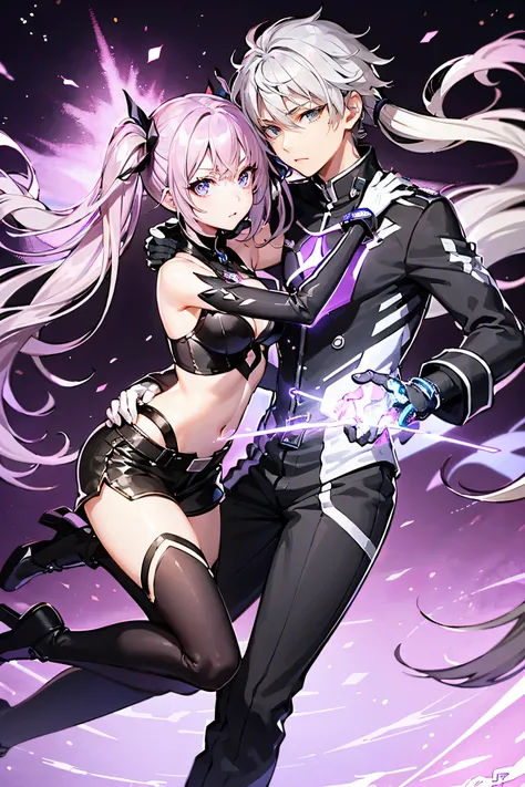 ((Couple with a girl:1.3)),Best Quality, Ultra High Resolution, Cute, (KPOP Idol), (Long Twintail), (Light Purple Hair:1), ((Big Eyes)), Looking at you, upper body, Front View,A character with long, flowing silver hair and a slender build, wearing a black ...