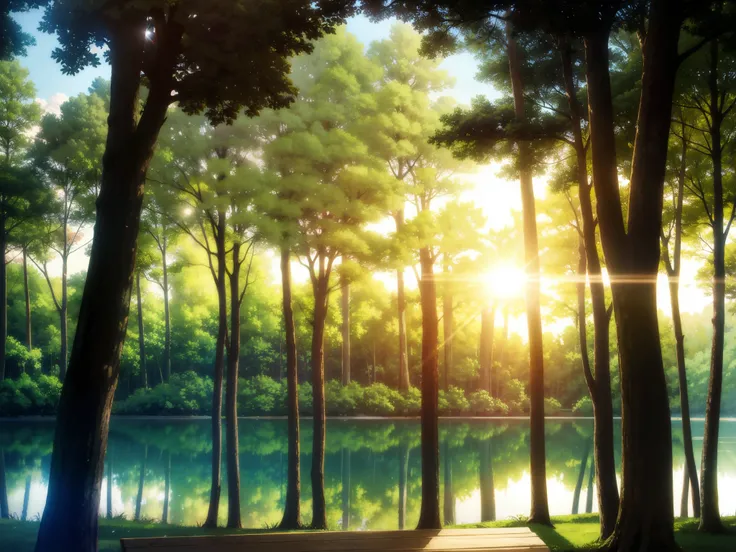 forest,lake,sun,