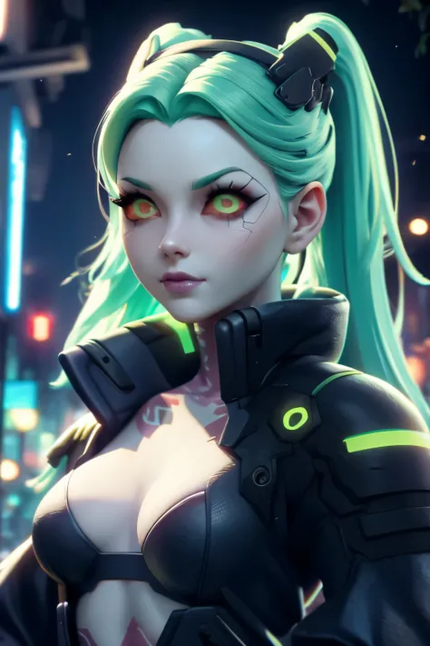 rebecca from edgerunners, small breasts, sharp focus:1.2, big light green glowing eyes, portrait, attractive woman, (pretty face:1.1), detailed eyes, delicious lips, eyeliner:1.2, green hair in twin buns:1.3 , perfect round breasts:1.0, Cyberpunk, is weari...