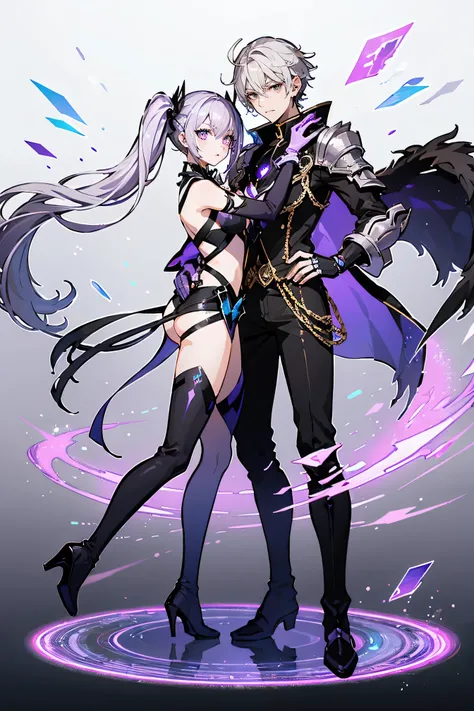 ((Couple with a girl:1.3)),Best Quality, Ultra High Resolution, Cute, (KPOP Idol), (Long Twintail), (Light Purple Hair:1), ((Big Eyes)), Looking at you, Full Length, Front View,A character with long, flowing silver hair and a slender build, wearing a black...