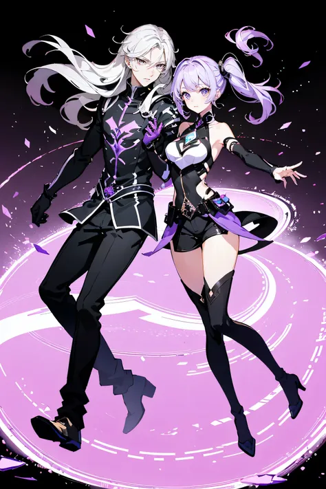 ((Couple with a girl:1.3)),Best Quality, Ultra High Resolution, Cute, (KPOP Idol), (Long Twintail), (Light Purple Hair:1), ((Big Eyes)), Looking at you, Full Length, Front View,A character with long, flowing silver hair and a slender build, wearing a black...