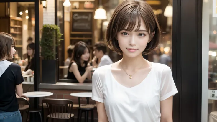 super high quality, Short Hair, Slender, Gravure photoshoot, The staff is working at the counter in the back., (8k、RAW Photos、highest quality、masterpiece:1.2), Japanese Idol, Shaggy, Stylish café, The cafe is crowded with people enjoying themselves., (Real...