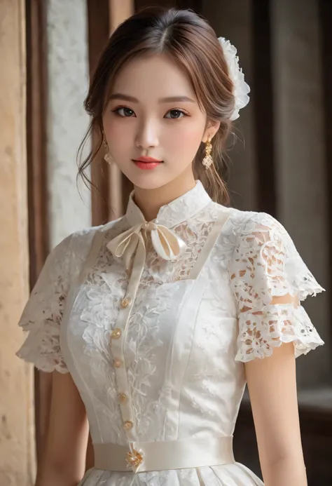 a young woman from the year 700 wearing white laces (masterpiece, top quality, best quality, official art, beautiful and aesthetic:1.2), 1 girl,